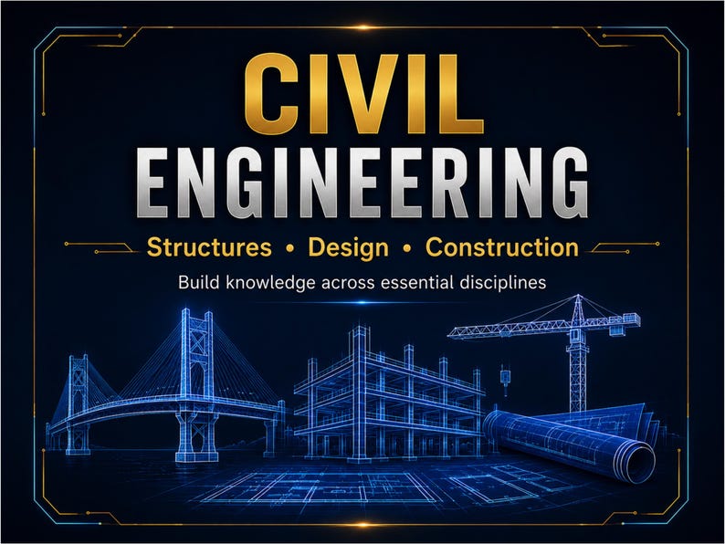 May include: A graphic poster with the text CIVIL ENGINEERING, Structures, Design, Construction, and Build knowledge across essential disciplines. It features blue wireframe illustrations of a bridge, a building, a crane, and blueprints.