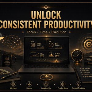 Puede incluir: Un port&aacute;til negro muestra un panel de productividad con gr&aacute;ficos y texto. Los elementos circundantes incluyen una l&aacute;mpara de escritorio, una taza con la etiqueta "Focus Discipline Success", un reloj, libros apilados y cuadernos con texto.