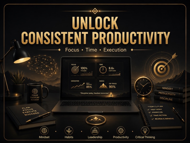 Puede incluir: Un port&aacute;til negro muestra un panel de productividad con gr&aacute;ficos y texto. Los elementos circundantes incluyen una l&aacute;mpara de escritorio, una taza con la etiqueta "Focus Discipline Success", un reloj, libros apilados y cuadernos con texto.