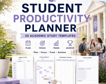 Studentproduktivitetsplanerare, 30 akademiska studiemallar (utskrivbar PDF)