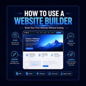 Può includere: Un'infografica intitolata HOW TO USE A WEBSITE BUILDER Build Your First Website Without Coding. Presenta una finestra del browser centrale che mostra un modello di sito web con un grafico di montagna, circondata da quattro icone.