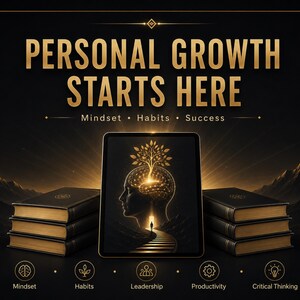 Puede incluir: Una tableta digital que muestra la silueta brillante de una cabeza humana con un &aacute;rbol creciendo desde el cerebro, flanqueada por dos pilas de tres libros. El texto dice PERSONAL GROWTH STARTS HERE, Mindset, Habits, Success, Leadership, Productivity, Critical Thinking.