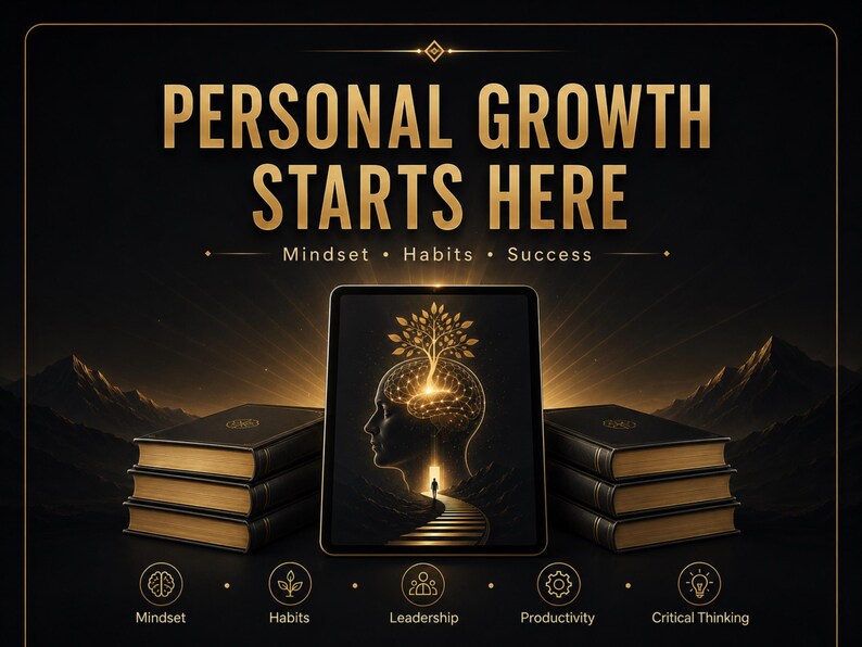 Puede incluir: Una tableta digital que muestra la silueta brillante de una cabeza humana con un &aacute;rbol creciendo desde el cerebro, flanqueada por dos pilas de tres libros. El texto dice PERSONAL GROWTH STARTS HERE, Mindset, Habits, Success, Leadership, Productivity, Critical Thinking.
