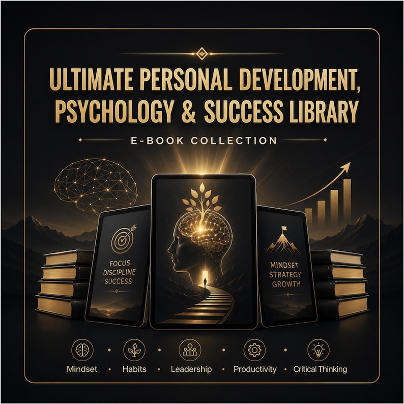 Puede incluir: Una colecci&oacute;n de libros electr&oacute;nicos titulada Ultimate Personal Development, Psychology & Success Library. La imagen muestra tres tabletas con gr&aacute;ficos dorados de un cerebro, un &aacute;rbol y una monta&ntilde;a, flanqueadas por pilas de libros.