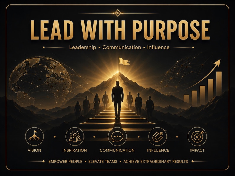 Puede incluir: Un p&oacute;ster gr&aacute;fico en negro y dorado titulado LEAD WITH PURPOSE. Muestra siluetas de personas subiendo escaleras hacia un pico de monta&ntilde;a con una bandera. Incluye iconos para VISION, INSPIRATION, COMMUNICATION, INFLUENCE e IMPACT.