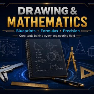 May include: A black spiral-bound notebook featuring white mathematical formulas and geometric diagrams, surrounded by a metal caliper, a brass ruler, a gold compass, a triangular ruler, and a black pen against a dark blue background with text.