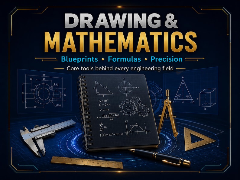 May include: A black spiral-bound notebook featuring white mathematical formulas and geometric diagrams, surrounded by a metal caliper, a brass ruler, a gold compass, a triangular ruler, and a black pen against a dark blue background with text.