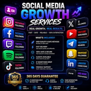 May include: A digital graphic promoting social media growth services with icons for Instagram, Facebook, Twitch, Spotify, TikTok, X, YouTube, Telegram, Snapchat, and LinkedIn. Text includes 'SOCIAL MEDIA GROWTH SERVICES' and '365 DAYS GUARANTEE'.