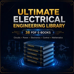 May include: A digital graphic titled Ultimate Electrical Engineering Library featuring 38 PDF E-Books. A stack of five dark blue books labeled Circuits, Power Systems, Electronics, Control Systems, and Mathematics sits on a glowing blue circular base.