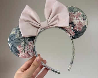 Enchanted Forest Up-Cycled Mouse Ears, Aurora-inspired mouse ears, Sleeping Beauty headband, custom handmade, Disney-inspired Minnie ears