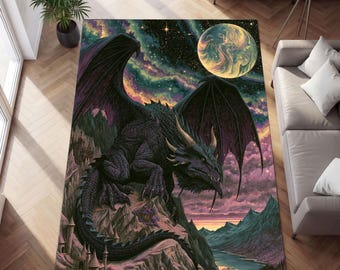 Tapis Celestial Fantasy pour une décoration intérieure immersive, tapis dragon cosmique avec art planète mystique, élément de décoration gothique Castlecore Gamer