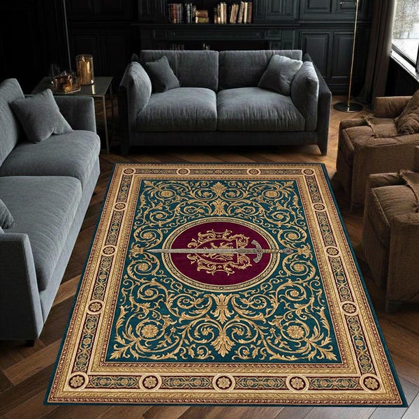 Medieval Sword Heraldic Rug, Royal Crest Area Carpet, Gothic Castle Floor Rug, Renaissance Kingdom Decor, Ornate Fantasy Rug