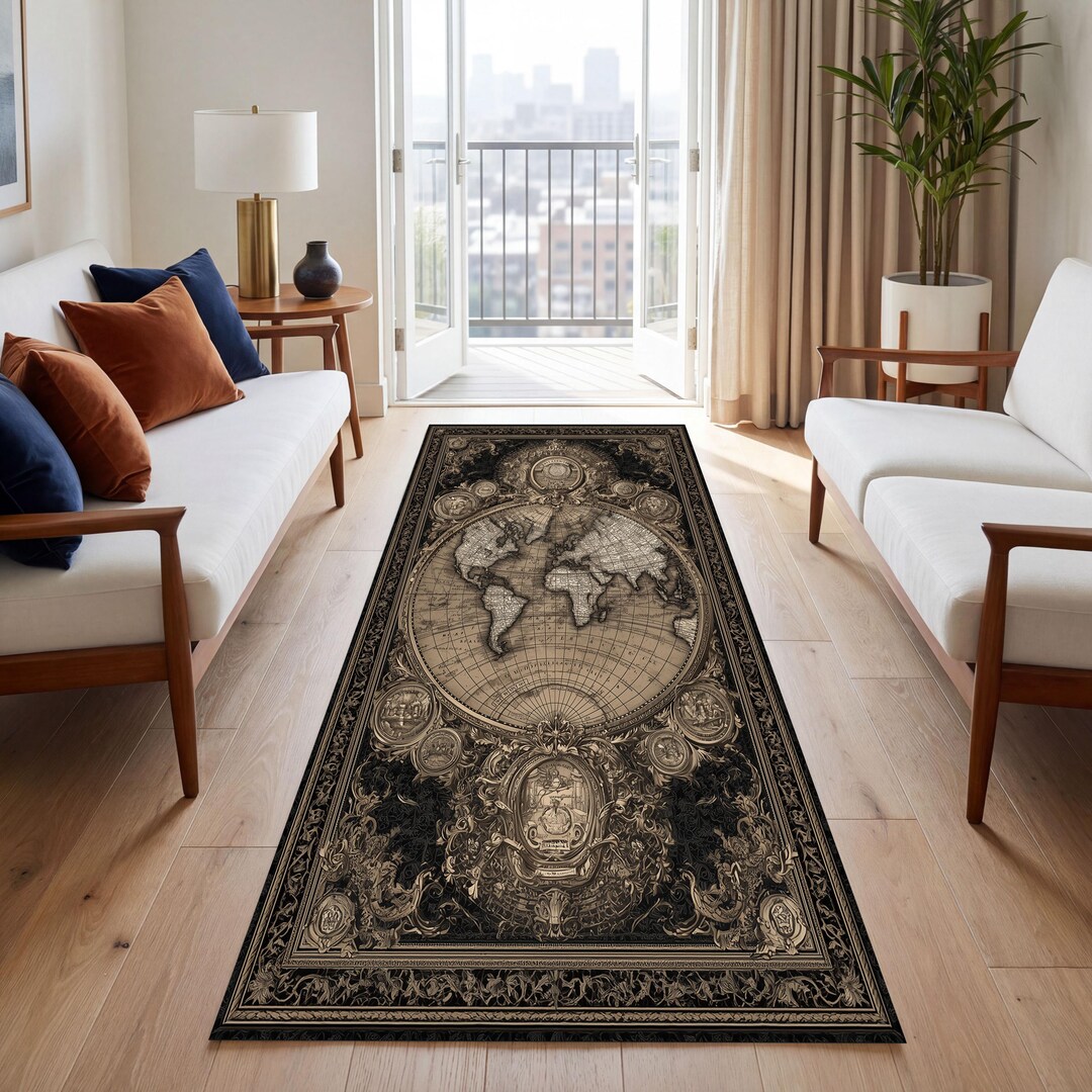 Vintage World Map Runner Rug With Antique Baroque Border, Washable Non ...