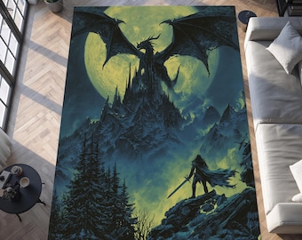 Tapis dragon au clair de lune Dark Fantasy, tapis de paysage château gothique, décor de quête de guerrier épique, accent de chambre de joueur de royaume mythique