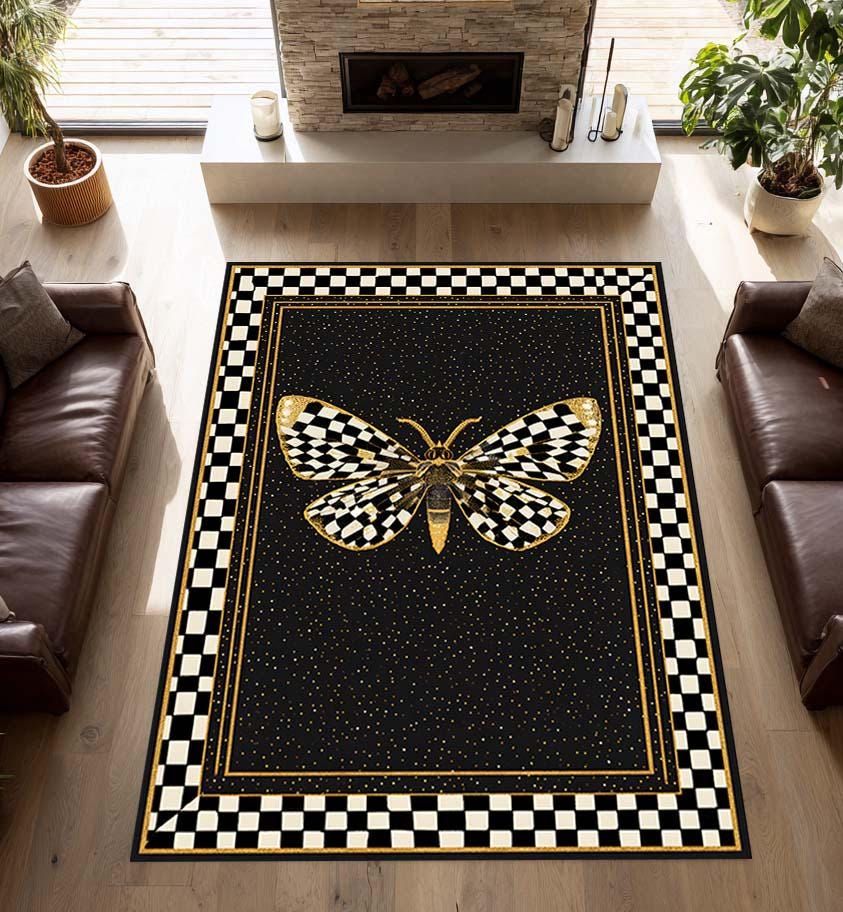 Modern Black Insect Rug Checkerboard Moth Area Rug for Gothic Home, Black Gold Insect Carpet ...
