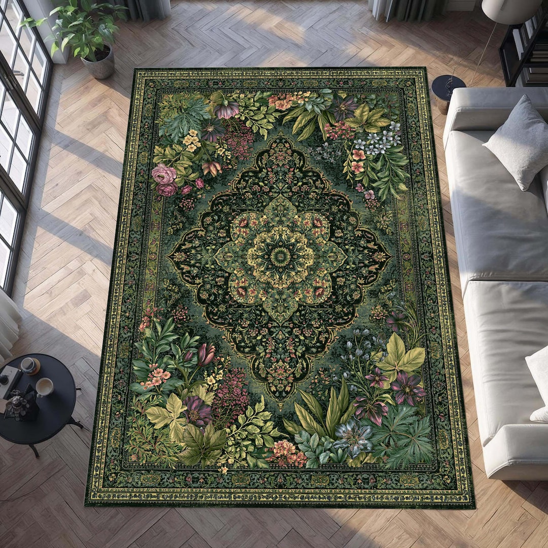 Green Botanical Persian Rug for Vintage Living Room Decor, Washable ...