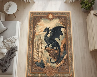 Tapis château fantastique, décor dragon médiéval, décoration gothique, décoration de la maison, royaume mythique, tapis décoratif pour salle de jeu