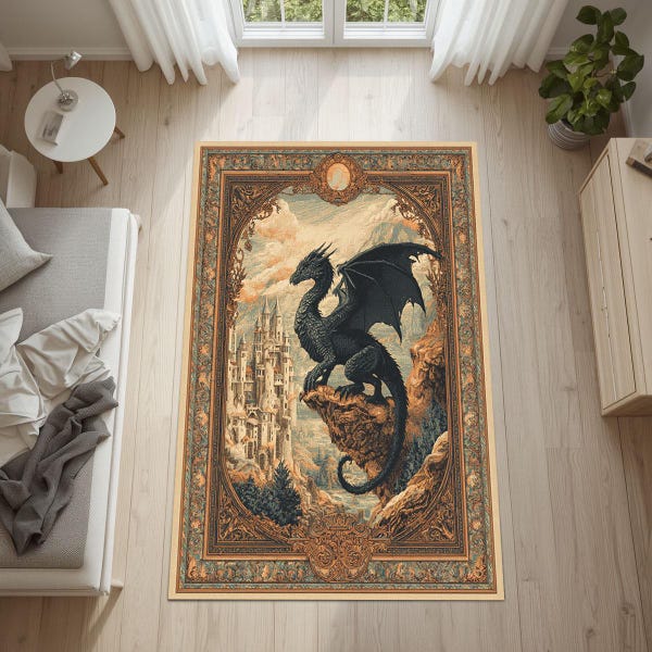 Fantasy Castle Area Rug Medieval Dragon Decor Carpet Gothic Home Accent Mythical Kingdom Design Gamer Room Statement Rug