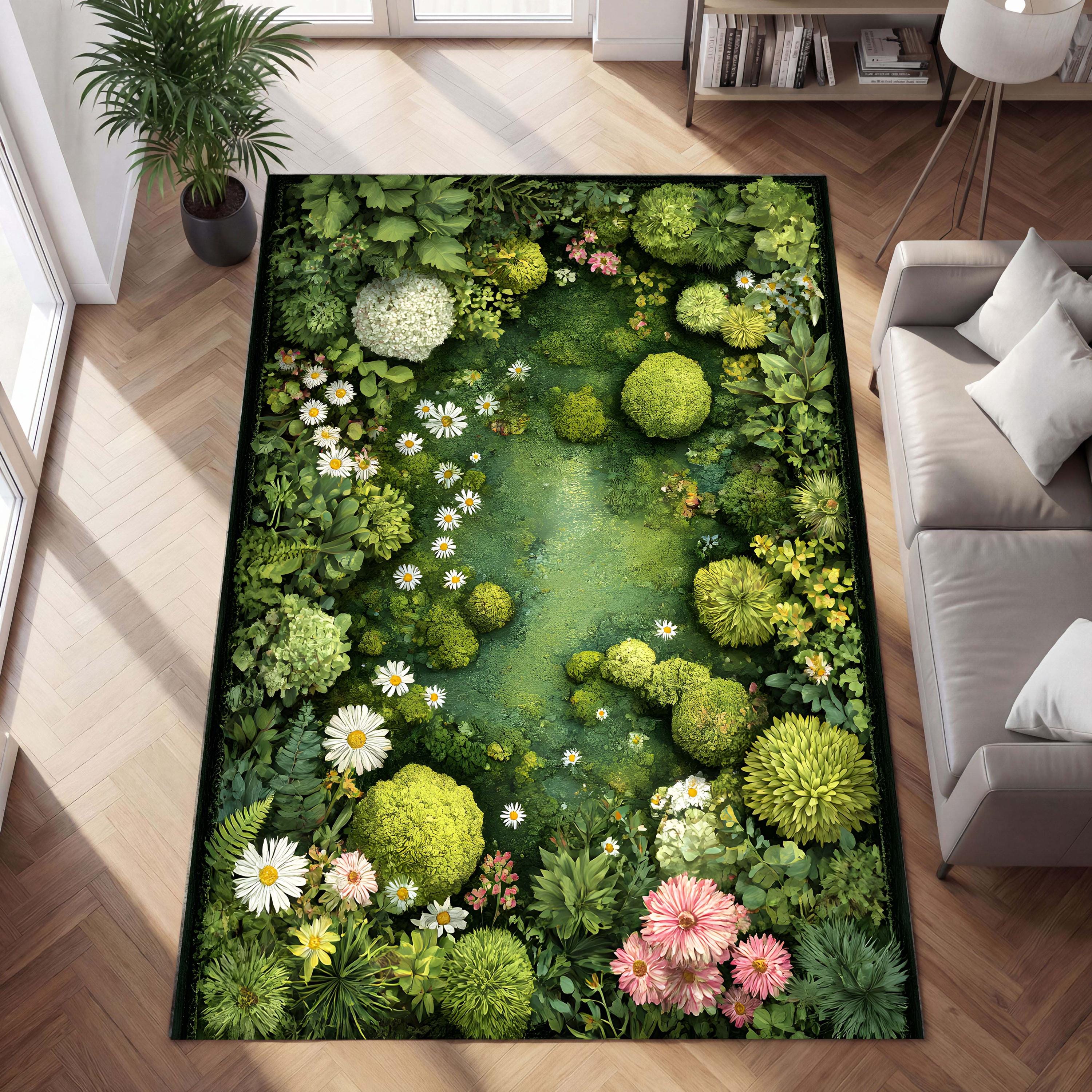 Botanical Moss Area Rug, Green Garden Wildflower Carpet, Cottagecore ...