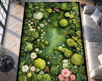 Botanical Moss Area Rug, Green Garden Wildflower Carpet, Cottagecore Nature Decor, Botanical Floor Mat, Floral Room Decor, Green Rug