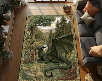 Tapis du royaume enchanté pour décoration d'intérieur de livre de contes, tapis Woodland Quest avec compagnon dragon, rebord de lecture Castlecore