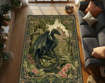 Tapisserie de dragon du château enchanté, art mural gothique fantastique, décoration du royaume du dragon botanique, château de jardin médiéval