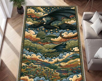 Legendary Dragon Rider Area Rug Celestial Fantasy Battle Scene, Medieval Mythical Kingdom Decor, Epic Adventure Gamer Carpet
