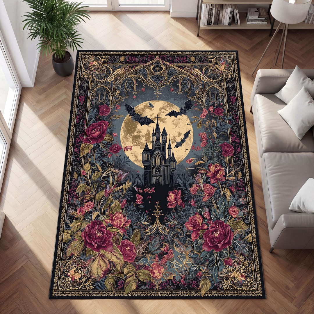 Gothic Castle Moon Rug for Dark Fantasy Bedroom Decor, Washable Bat ...