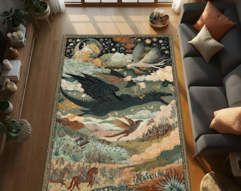Epic Fantasy Area Rug with Dragon Riders and Celestial Sky, Mythical Kingdom Carpet, Medieval Adventure Decor for Gamer Room