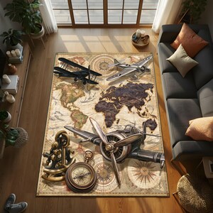 May include: A detailed rug featuring a vintage world map design with antique airplanes, a compass, and an anchor. The rug has a distressed, aged appearance with a colour palette of brown, beige, and black. The rug is placed in a living room setting.