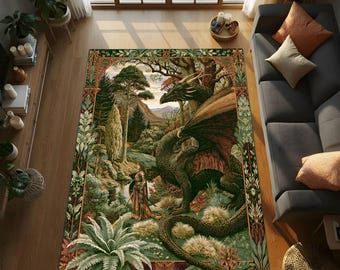 Enchanted Woodland Area Rug for Cozy Cottage Interiors, Dragon Guardian Artwork, Nature Inspired Fantasy Home Decor
