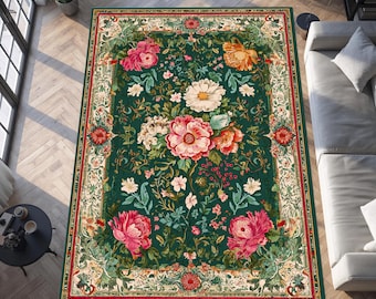 Carpette à fleurs pour décoration d'intérieur élégante, moquette de jardin vintage avec charme cottage, touche de botanique pour salon, rose vert