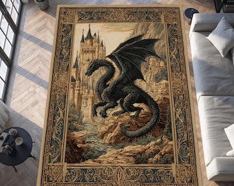 Tapis château fantastique, décor du royaume du dragon, tapis décoratif gothique médiéval, salle de jeux, création de créatures mythiques