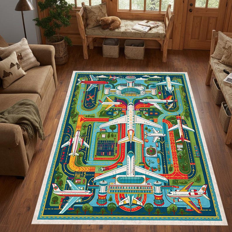 Transportation Rug Airplane Area Rug for Kids Room Decor, Washable Airport Runway Carpet ...