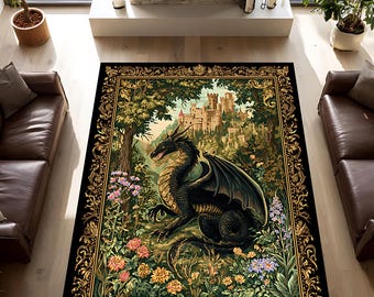 Tapis fantaisie pour décoration d'intérieur unique, tapis de jardin de dragons avec art paysager de château, décoration de salon antidérapante lavable