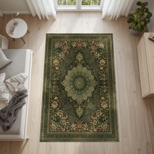 May include: A rectangular green area rug with a central medallion design and floral border. The rug features a detailed pattern with shades of green, pink, and gold. The rug is placed on a light-colored wooden floor.