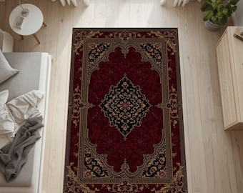 Tapis gothique bordeaux, tapis victorien vintage, tapis de sol marocain orné, tapis de décoration d'intérieur académique sombre, tapis rouge de luxe