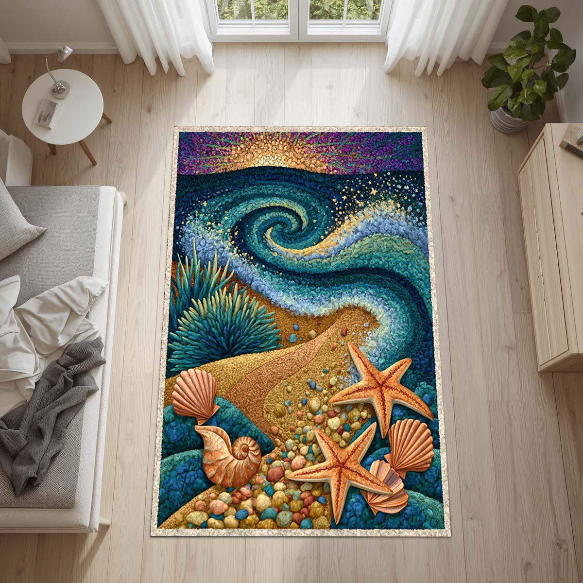 3docean Rugs 3D Ocean Wave Rug for Coastal Beach House Decor, Washable Seashell ...