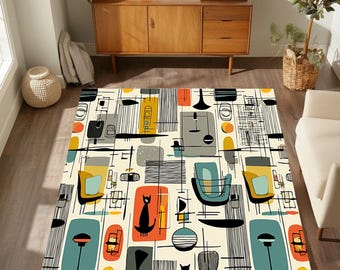 Tapis chat moderne du milieu du siècle, tapis d'intérieur atomique rétro, tapis décoratif de salon abstrait coloré, revêtement de sol moderne vintage