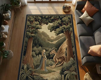 Tapis rencontre forêt enchantée avec compagnon dragon noble, tapis paysage fantastique livre de contes, décoration d'intérieur forêt magique