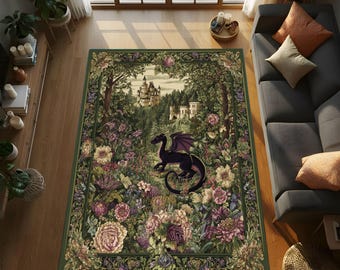 Tapisserie du jardin du dragon enchanté, tapis floral château fantastique, décor de dragon botanique gothique, tapis du royaume des fleurs médiéval