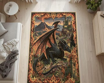 Tapis médiéval-fantastique pour décoration de chambre épique, tapis château de dragon avec art paysage volcanique et style de salle de jeux RPG