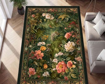 Botanical Moss Area Rug, Wildflower Garden Carpet, Cottagecore Floral Room Decor, Green Nature Rug, Green Area Rug, Botanical Floor Mat