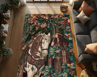 Tapisserie médiévale romantique pour intérieurs de livres de contes, tapis chevalier et jeune fille, décoration fantastique Cottagecore, art de conte de fées vintage