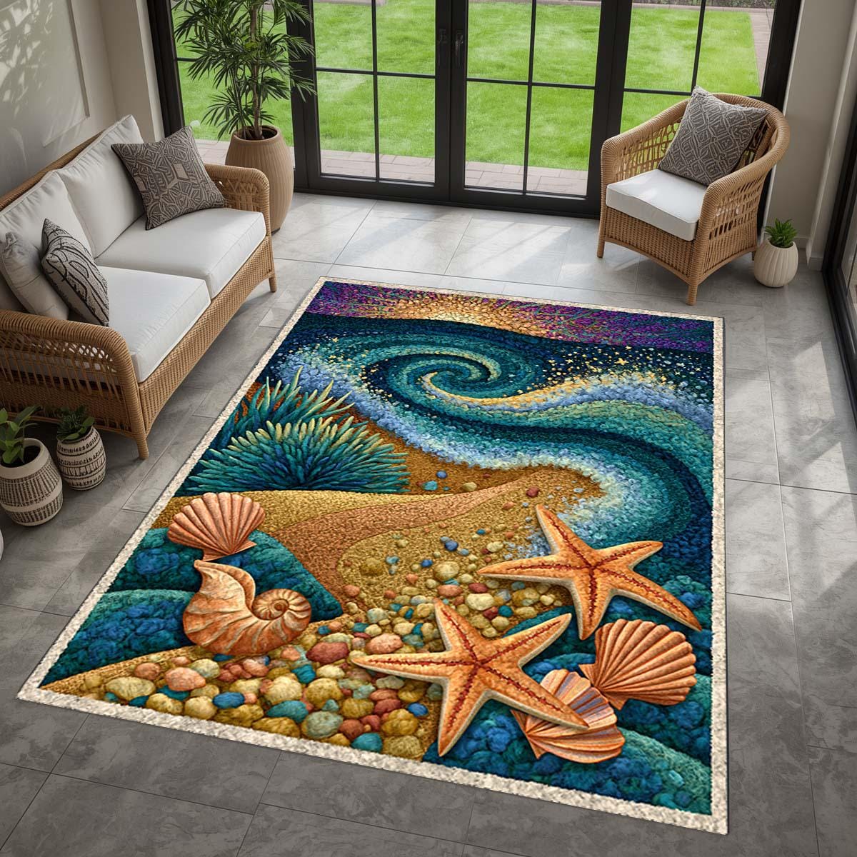 3docean Rugs 3D Ocean Wave Rug for Coastal Beach House Decor, Washable Seashell ...