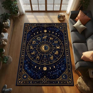 May include: A rectangular rug with a dark blue background and a gold zodiac design. The center features a sun and moon, surrounded by zodiac symbols. The rug has a detailed border with stars and crescent moons, adding to its celestial theme.