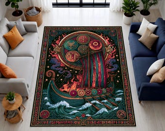 Bold Fantasy Decor Rug Viking Longship Area Rug Norse Mythology Carpet Gamer Room Accent Medieval Gothic Home Design