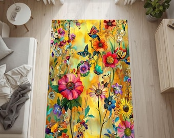 Carpette florale colorée, décoration de jardin bohème, décoration de fleurs sauvages vives, style cottagecore, décoration de chambre à coucher, salon