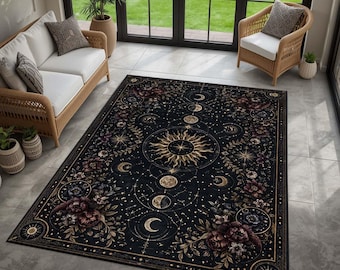 Moon Phase Floral Rug for Witchy Bedroom Decor, Washable Celestial Carpet, Non Slip Sun Moon Rug for Gothic Living Room Decor