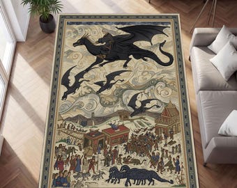 Tapis mythique du festival du dragon avec bêtes volantes et scène de l'ancien royaume, tapis folklorique fantastique, décoration de contes médiévaux
